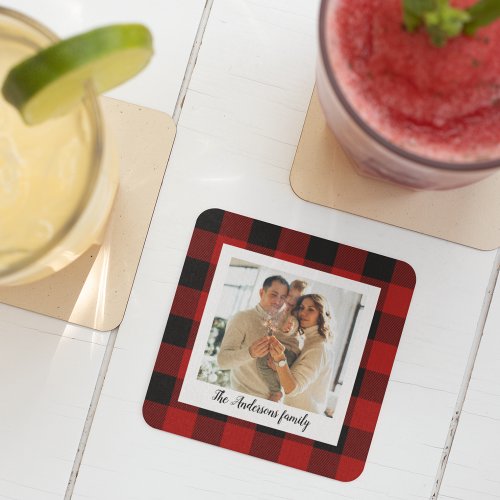 Red Buffalo Plaid  Personal Name And Photo Glass Coaster