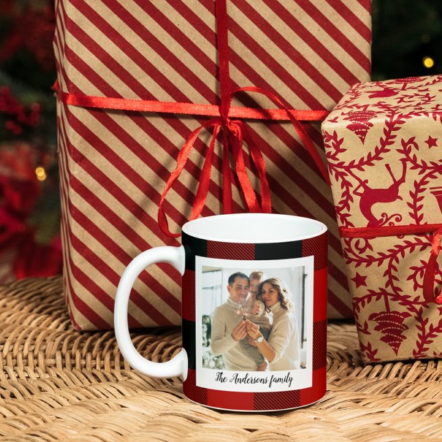 Red Buffalo Plaid & Personal Name And Photo Mug (Creator Uploaded)