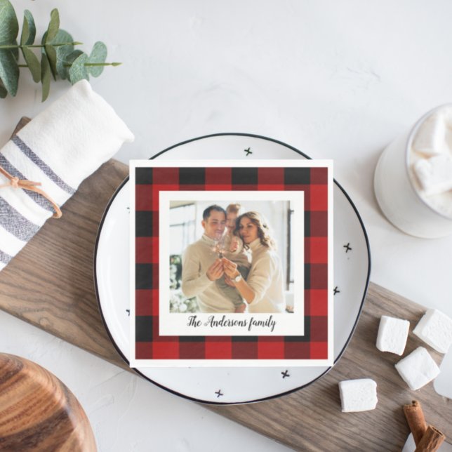 Red Buffalo Plaid & Personal Name And Photo Napkins (Creator Uploaded)