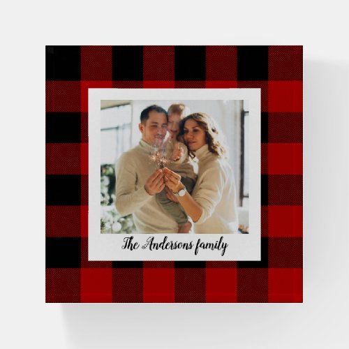 Red Buffalo Plaid  Personal Name And Photo Paperweight