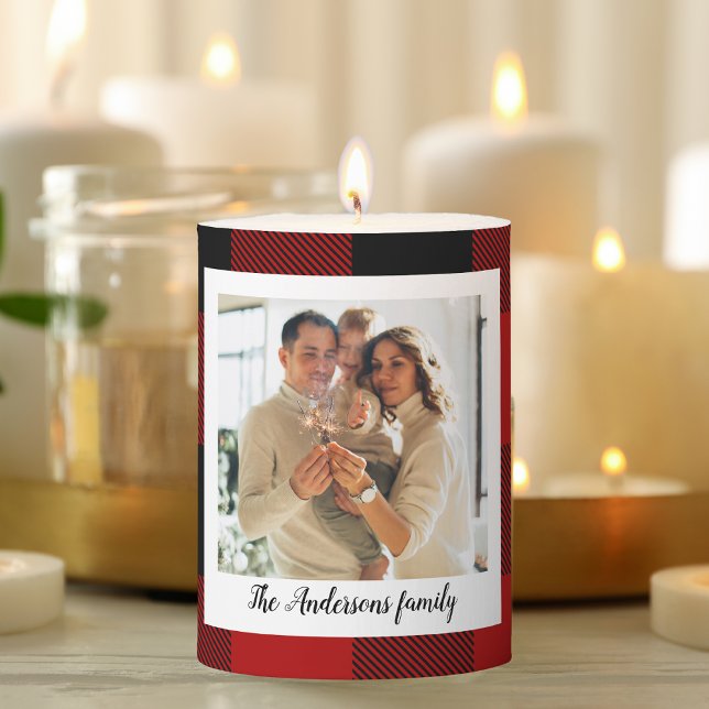 Red Buffalo Plaid & Personal Name And Photo Pillar Candle (Creator Uploaded)