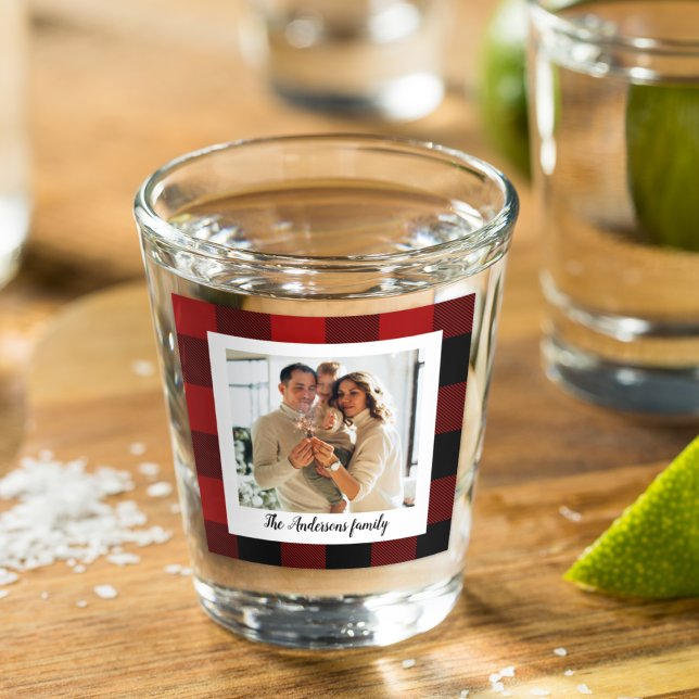 Red Buffalo Plaid & Personal Name And Photo Shot Glass (Creator Uploaded)