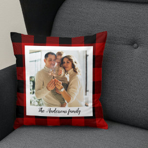 Red Buffalo Plaid & Personal Name And Photo Throw Pillow