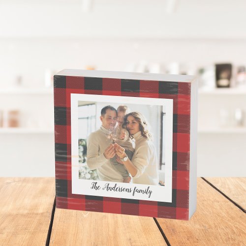 Red Buffalo Plaid  Personal Name And Photo Wooden Box Sign