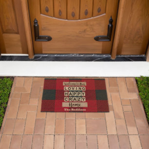Red Buffalo Plaid Personalized Family Welcome Fiber Doormat