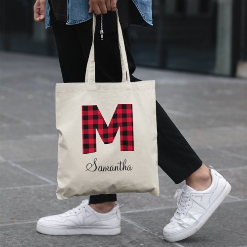 Red Buffalo Plaid Personalized M Monogram Tote Bag