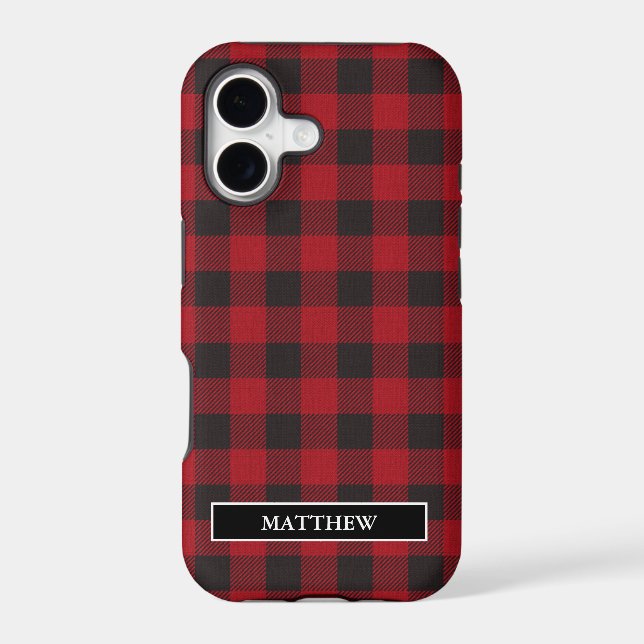 Red Buffalo Plaid Personalized Name Case-Mate iPhone Case (Back)