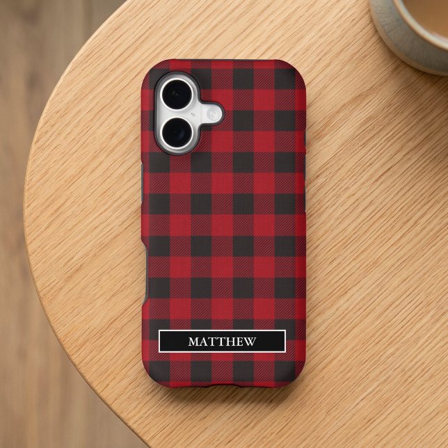 Red Buffalo Plaid Personalized Name Iphone Case (Customize to change text size or text style.)