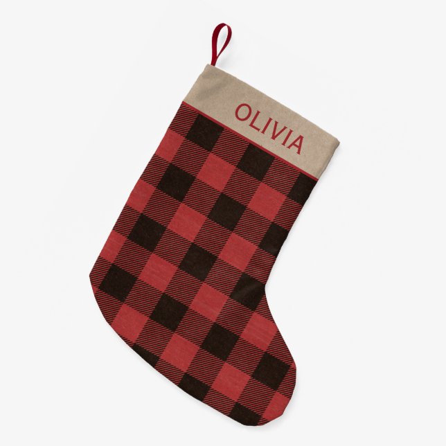 Red Buffalo Plaid Personalized Name Small Christmas Stocking (Front (Hanging))