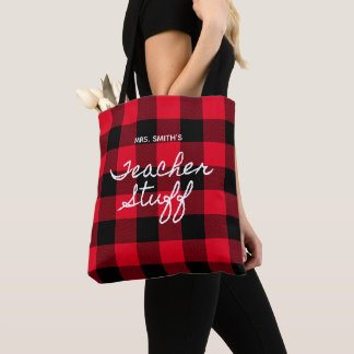 Red Buffalo Plaid Personalized Teacher Stuff Tote Bag