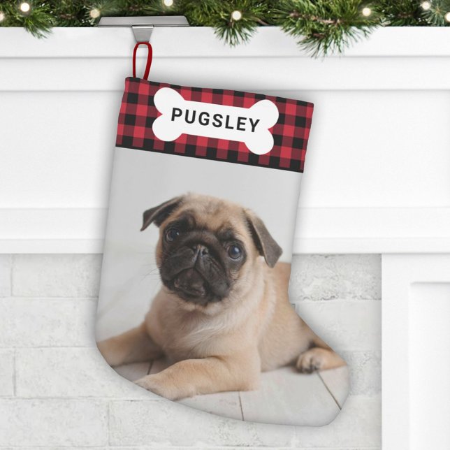 Red Buffalo Plaid Pet Dog Bone Monogram Photo Small Christmas Stocking (Creator Uploaded)