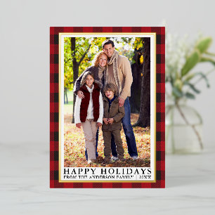 Red Buffalo Plaid Photo Happy Holidays Gold Foil Holiday Card
