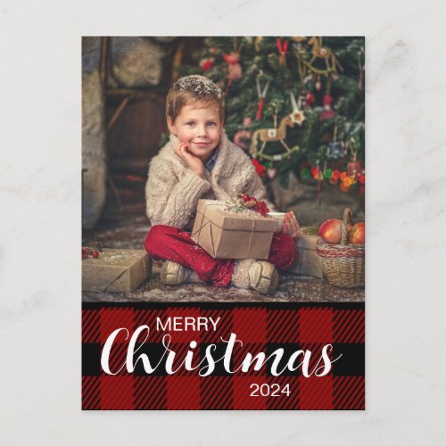 Red Buffalo Plaid Photo Merry Christmas 2024 Postcard