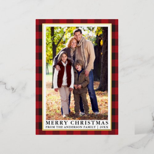 Red Buffalo Plaid Photo Merry Christmas Gold Foil Holiday Card