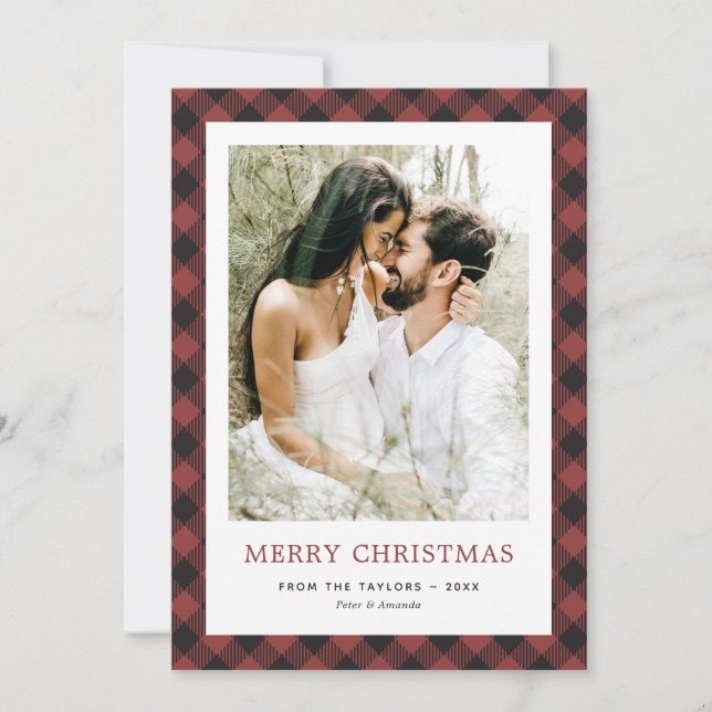 Red Buffalo Plaid Photo Merry Christmas Holiday Card (Front)