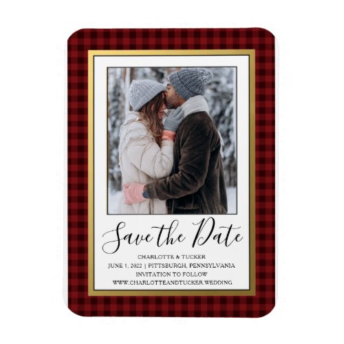 Red Buffalo Plaid  Photo Save the Date  Magnet