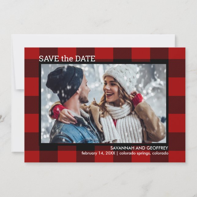 Red Buffalo Plaid Photo Wedding Save The Date (Front)
