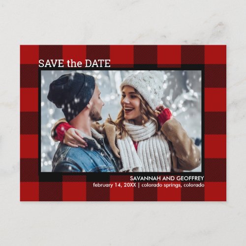 Red Buffalo Plaid Photo Wedding Save the Date Announcement Postcard