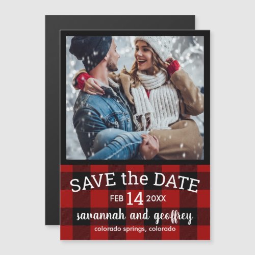 Red Buffalo Plaid Photo Wedding Save the Date Magnetic Invitation