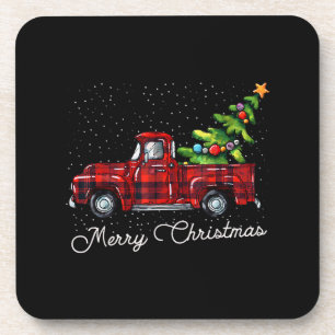 Red Buffalo Plaid Pickup Truck with Tree Merry Chr Beverage Coaster