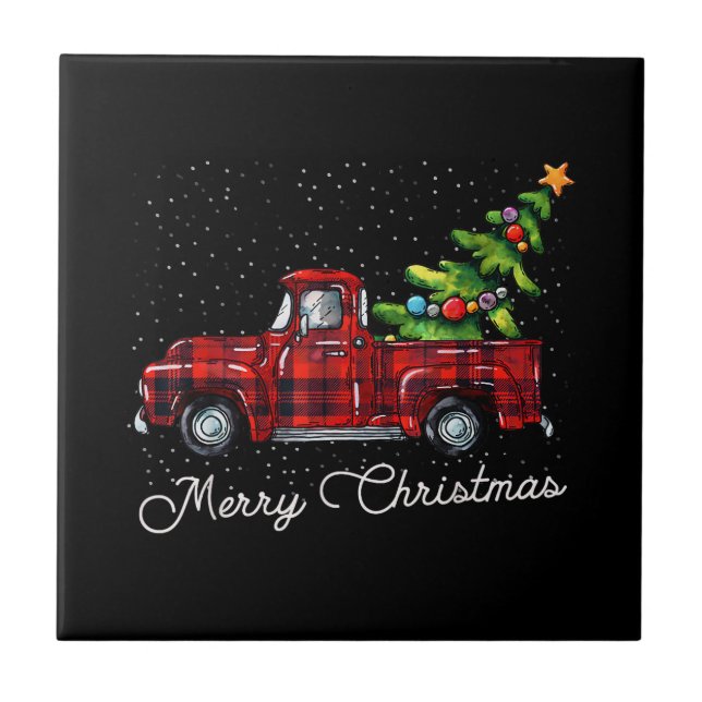 Red Buffalo Plaid Pickup Truck with Tree Merry Chr Ceramic Tile (Front)