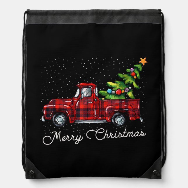 Red Buffalo Plaid Pickup Truck with Tree Merry Chr Drawstring Bag (Front)