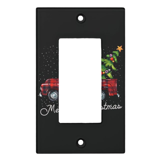 Red Buffalo Plaid Pickup Truck with Tree Merry Chr Light Switch Cover (Front)