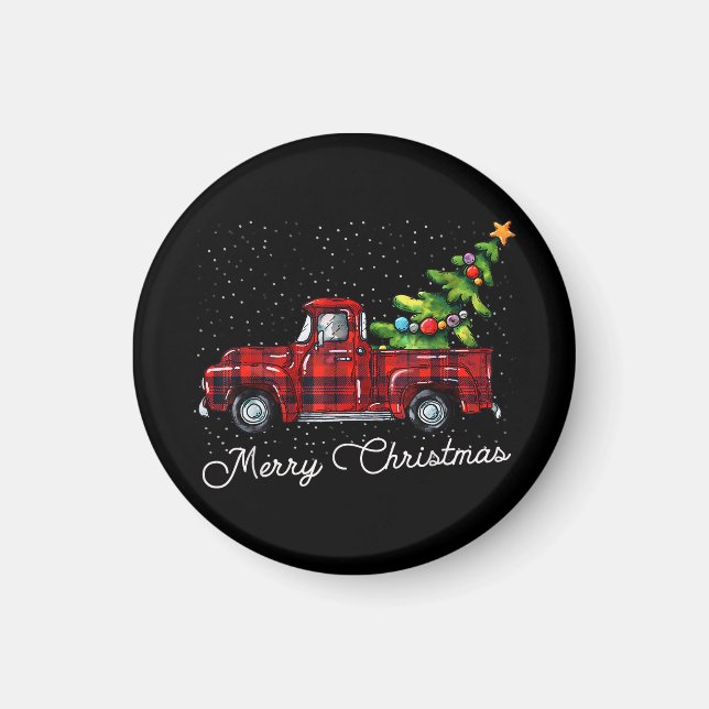 Red Buffalo Plaid Pickup Truck with Tree Merry Chr Magnet (Front)