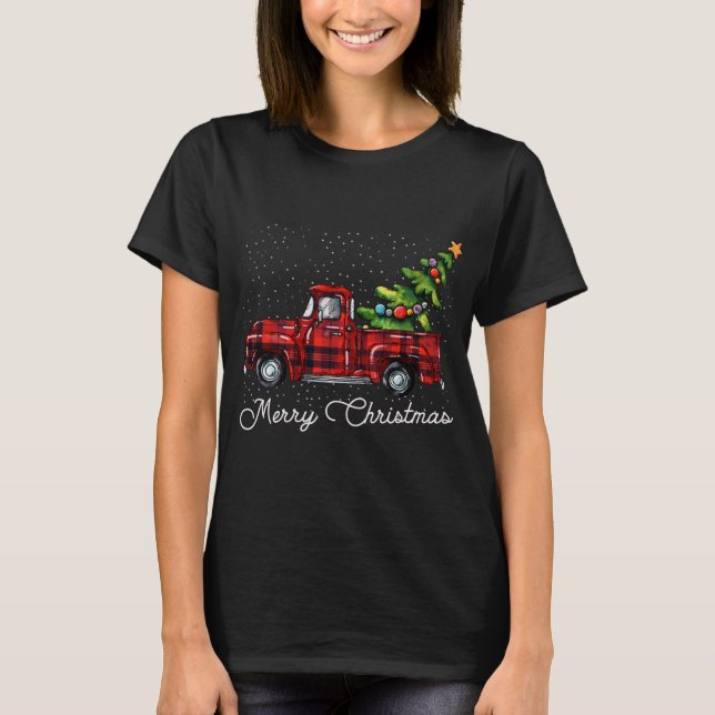 Red Buffalo Plaid Pickup Truck with Tree Merry Chr T-Shirt (Front)
