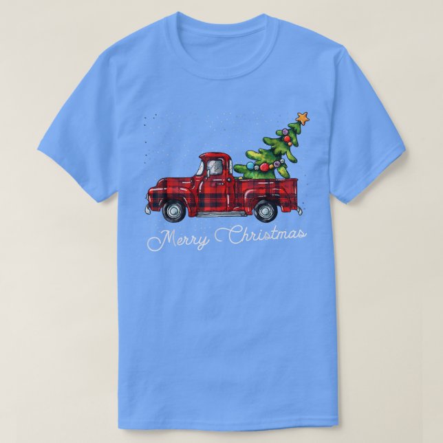 Red Buffalo Plaid Pickup Truck with Tree Merry Chr T-Shirt (Design Front)