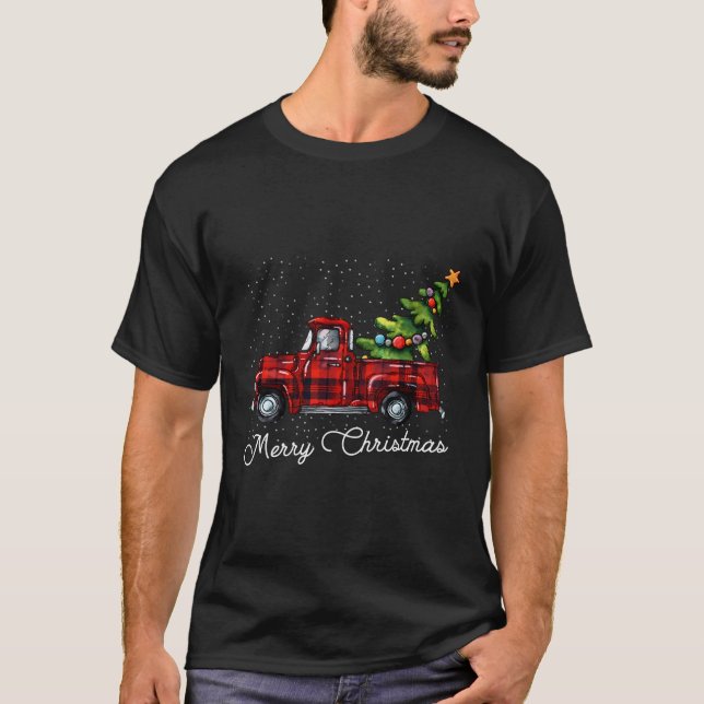 Red Buffalo Plaid Pickup Truck With Tree Merry T-Shirt (Front)