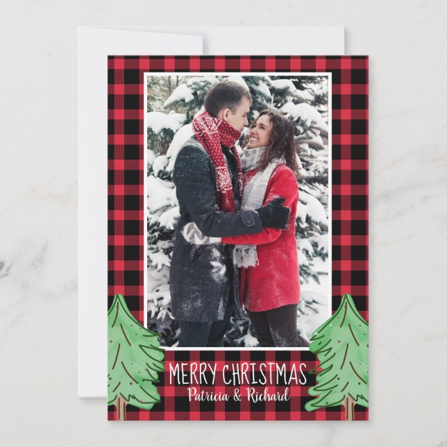 Red Buffalo Plaid Pine Tree Merry Christmas  Photo Holiday Card (Front)