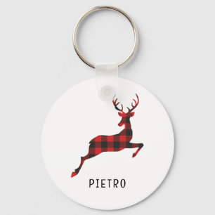 Red Buffalo Plaid Reindeer Christmas Monogram Keychain