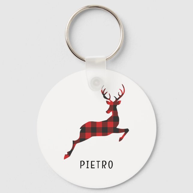 Red Buffalo Plaid Reindeer Christmas Monogram Keychain (Front)