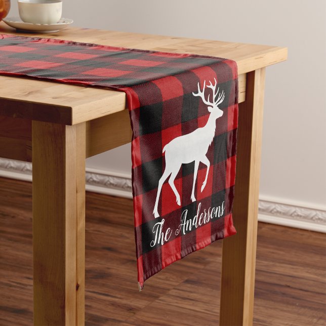 Red Buffalo Plaid & Reindeer | Personal Name Gift  Medium Table Runner (Creator Uploaded)