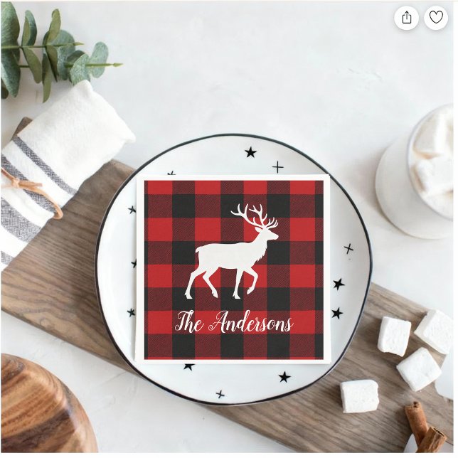 Red Buffalo Plaid & Reindeer | Personal Name Gift  Napkins (Creator Uploaded)