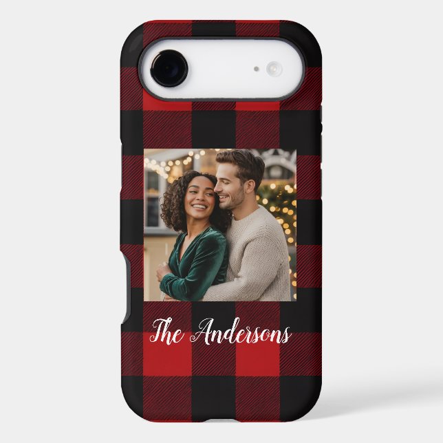 Red Buffalo Plaid & Reindeer | Personal Name  iPhone Case (Back)