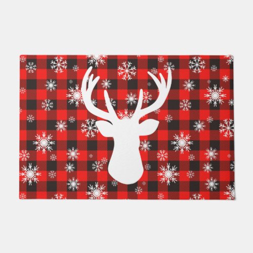 Red Buffalo Plaid Reindeer Snowflake Doormat