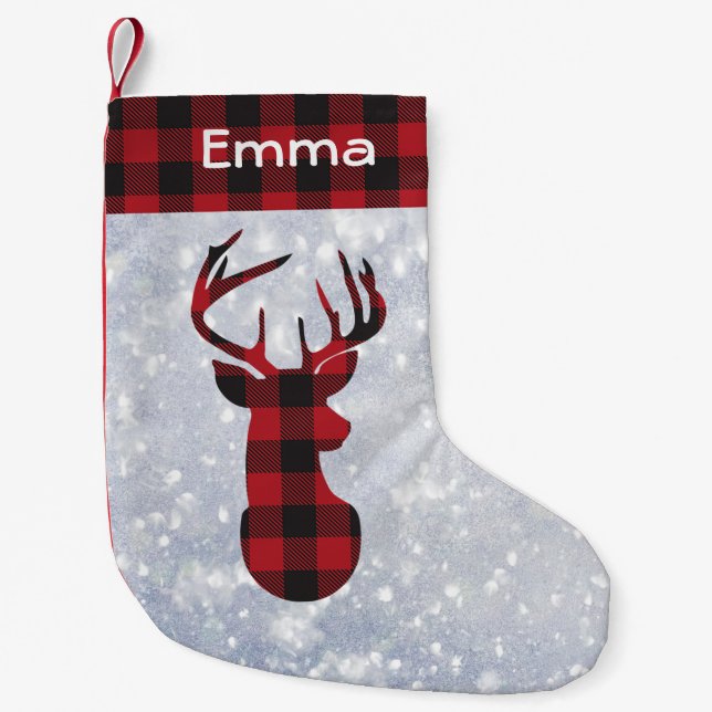 Red Buffalo Plaid Reindeer Snowflakes Custom Name Small Christmas Stocking (Front)