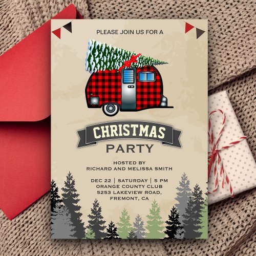 Red Buffalo Plaid Retro Camper Christmas Party Invitation