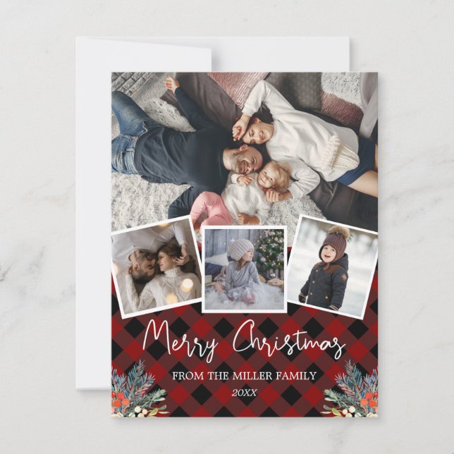 Red Buffalo plaid rustic photo collage Holiday Card (Front)