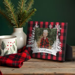 Red Buffalo Plaid Rustic Pine Tree Family Photo Plaque<br><div class="desc">Rustic farm fresh Christmas trees family photo keepsake plaque. The plaque can be customized with the family name,  the year,  and the photo. Red checkerboard plaid background with rustic pine trees and snowflakes. The family name is displayed in a white banner. Artwork by Moodthology Papery.</div>