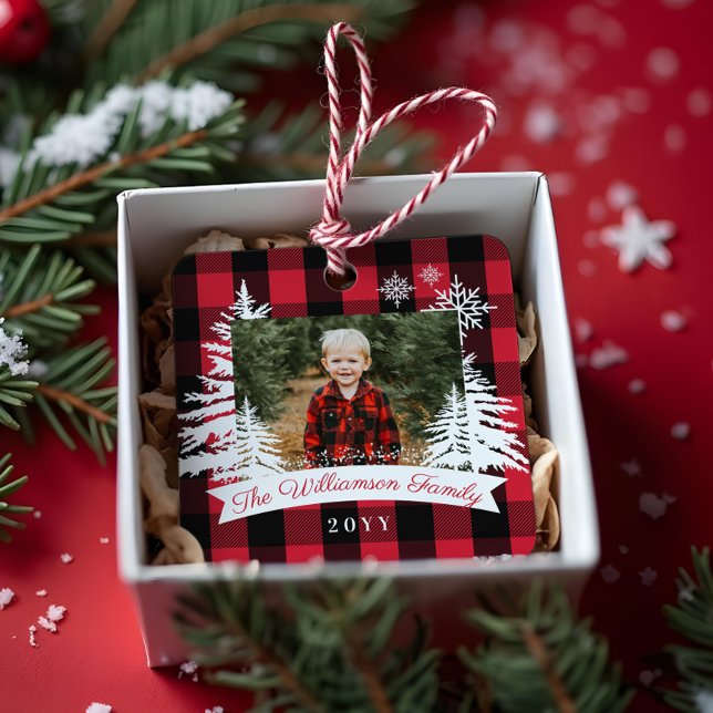 Red Buffalo Plaid Rustic Pine Trees Family Photo Metal Ornament (Red Buffalo Plaid Rustic Pine Trees Family Photo Metal Ornament)