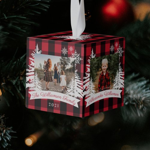 Red Buffalo Plaid Rustic Pine Trees Family Photos Cube Ornament