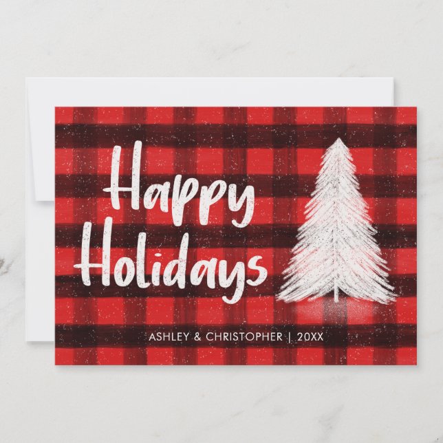Red Buffalo Plaid Rustic Tree Trendy Happy Holiday Card (Front)