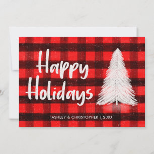 Red Buffalo Plaid Rustic Tree Trendy Happy Holiday Card
