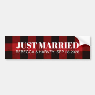red buffalo plaid rustic wedding just married bumper sticker
