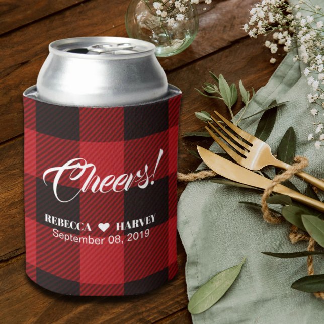 red buffalo plaid rustic winter wedding can cooler (red buffalo plaid rustic winter wedding can cooler)