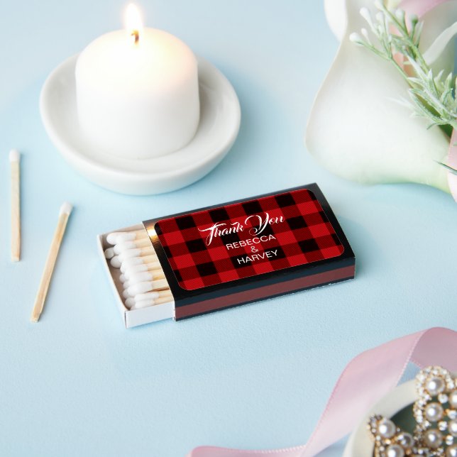 red buffalo plaid rustic winter wedding favor  matchboxes (Insitu)