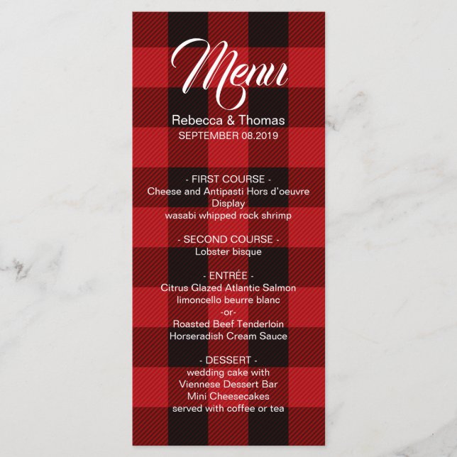 red buffalo plaid rustic winter wedding menu (Front)